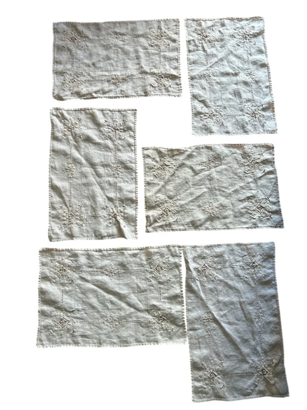 Antique Embroidered Ivory Linen Placemats - Set of 6